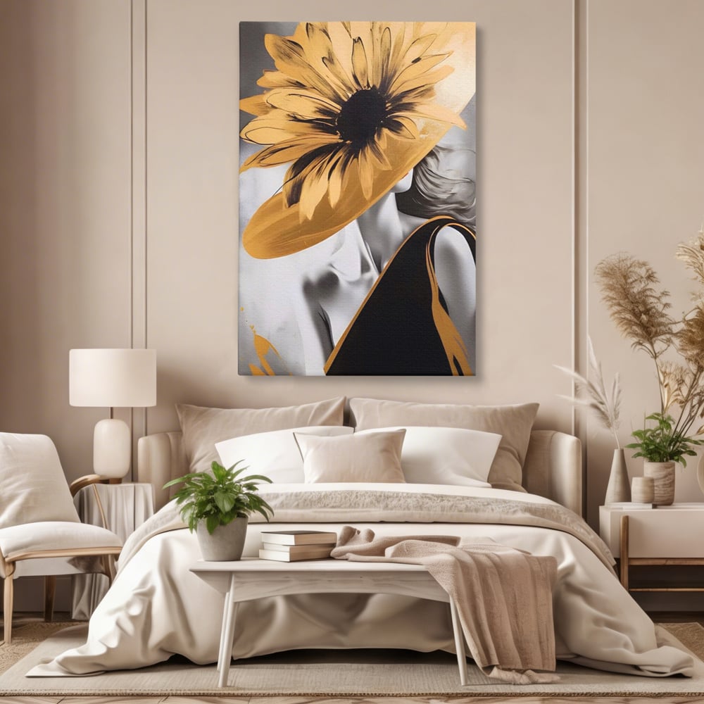 Tablou canvas cu tablou canvas cu portret de femeie si floarea-soarelui, fara rama, pe sasiu de lemn, pe perete intr-un dormitor